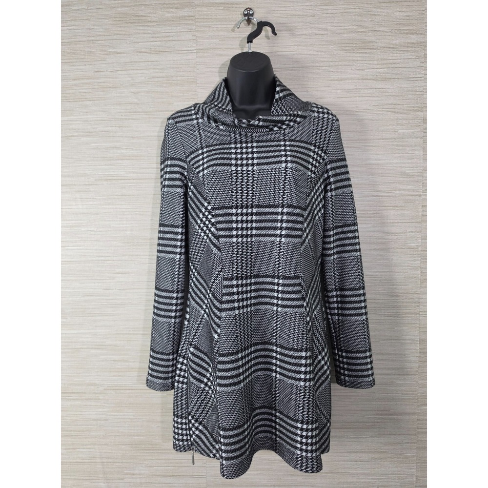 Joseph Ribkoff Dress Womens 8 Black White Plaid Long Sleeve Cowl Neck Zip Slit